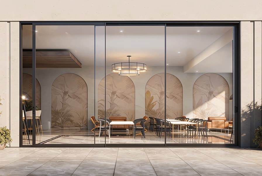 Dark-framed uPVC & Aluminium bifold doors opening a commercial lounge to the outdoors