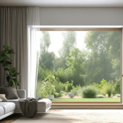 Living room with a large wood-look uPVC window overlooking a garden