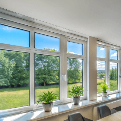 uPVC office windows with potted plants on the sill