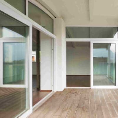uPVC sliding doors opening onto a wooden patio