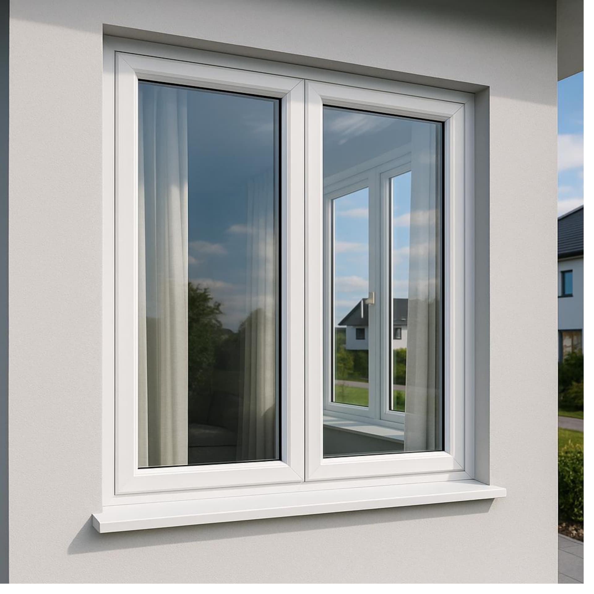 Compact living space lit by a fixed uPVC window