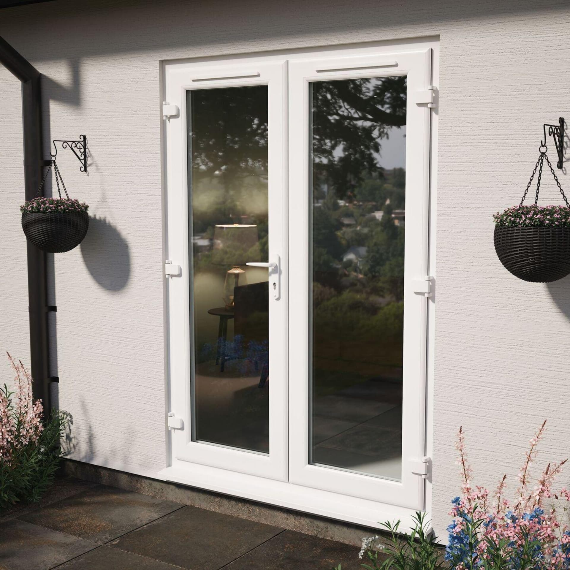 uPVC casement balcony door with curtains and a city view