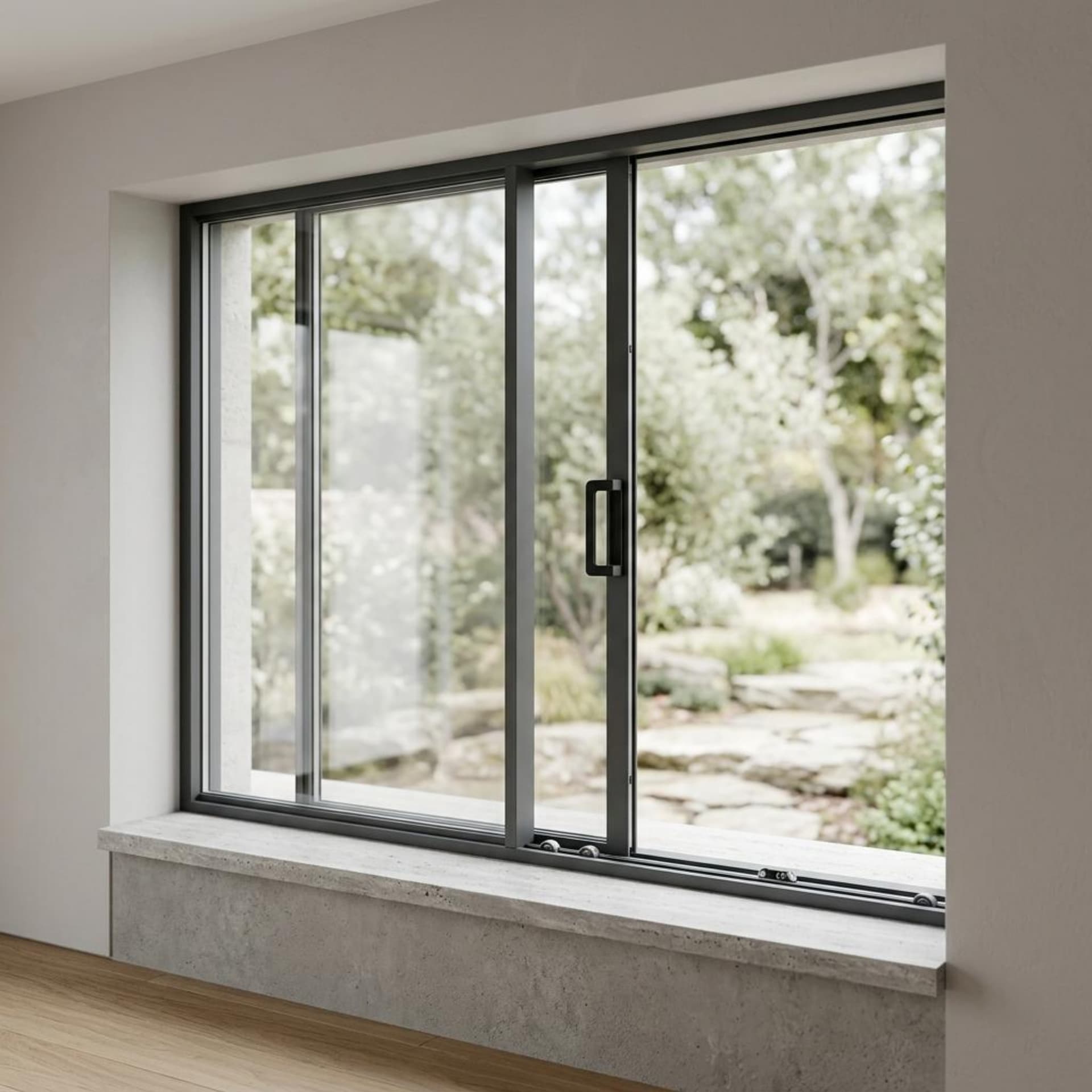 Corner uPVC sliding windows with a mountain view