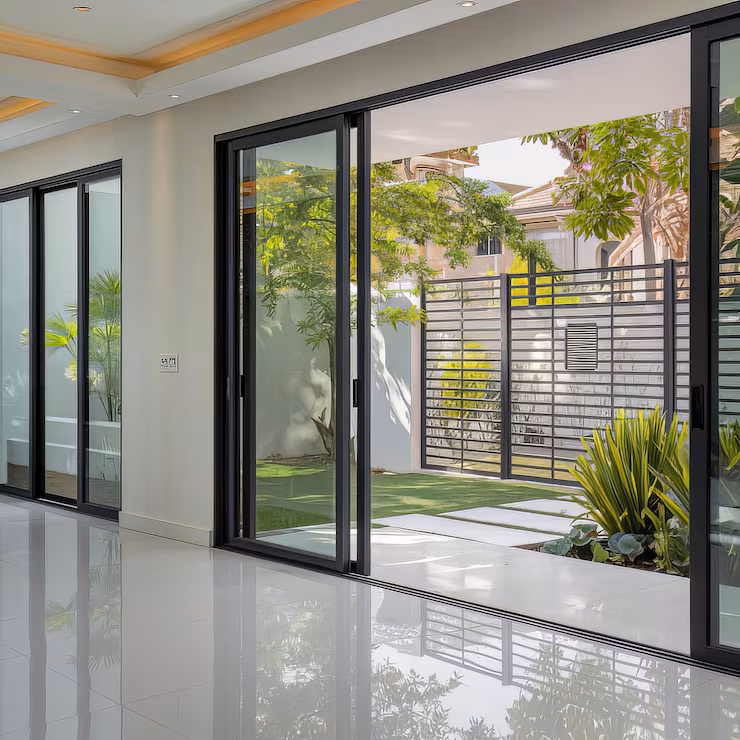 Full-height Aluminium sliding doors opening onto a golf course view