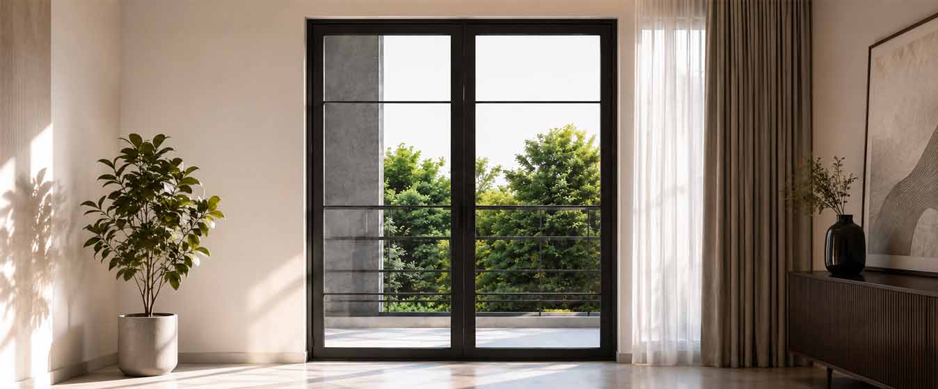 Bedroom with Aluminium sliding doors opening to a sea view terrace