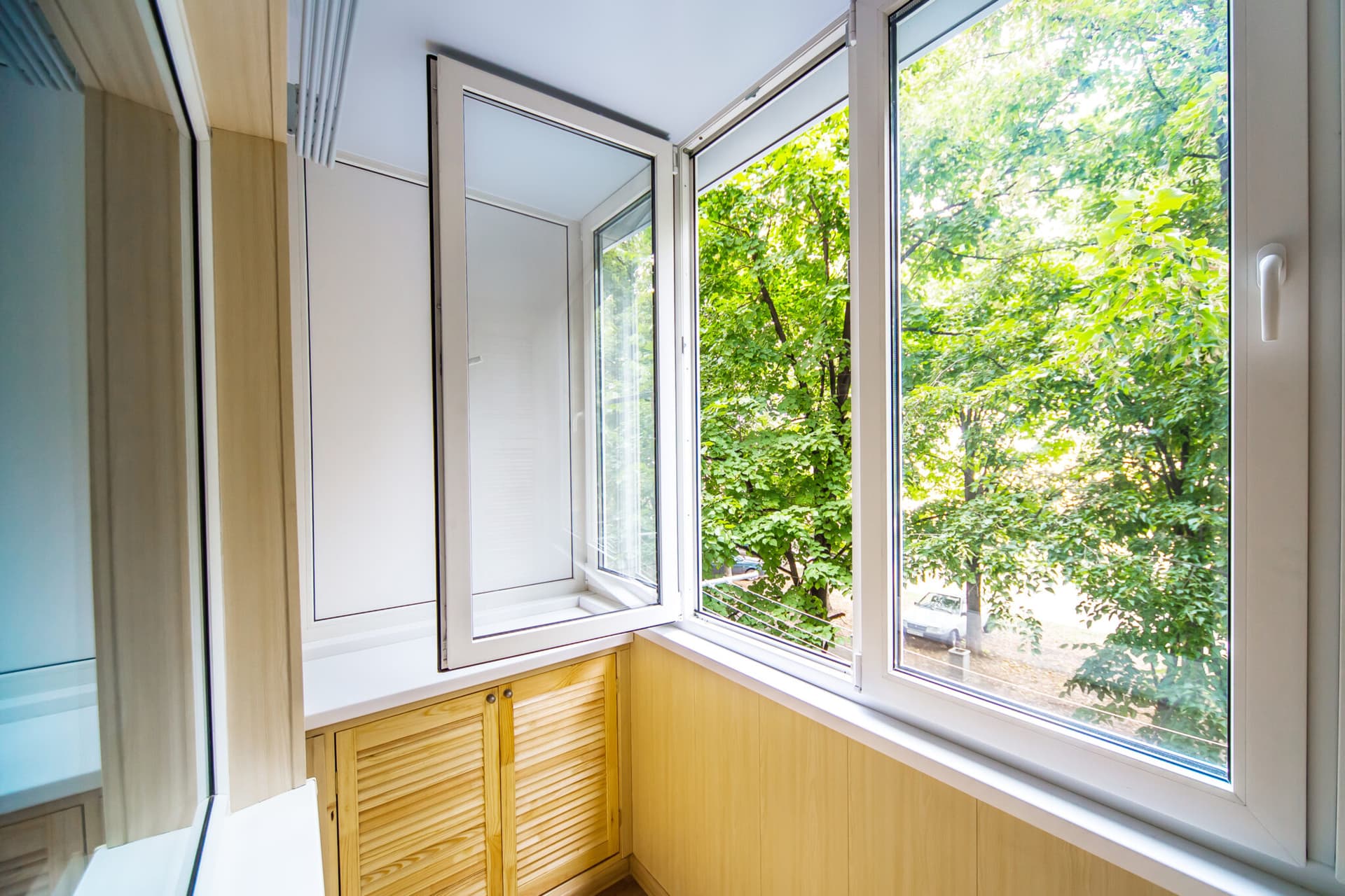 uPVC casement window opened outward on a building exterior