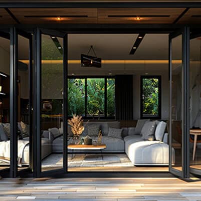 Dark-framed uPVC folding doors opening a living room to the outdoors
