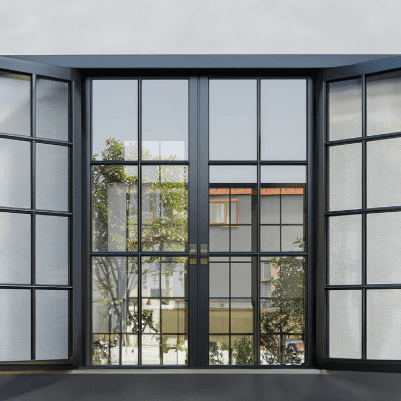 Black-framed uPVC French doors flanked by tall windows