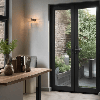 Study nook framed by a black uPVC French door leading to a garden
