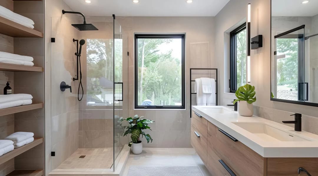Bathroom with a black-framed uPVC window and glass shower panel