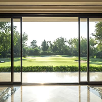 Full-height uPVC sliding doors opening onto a golf course view