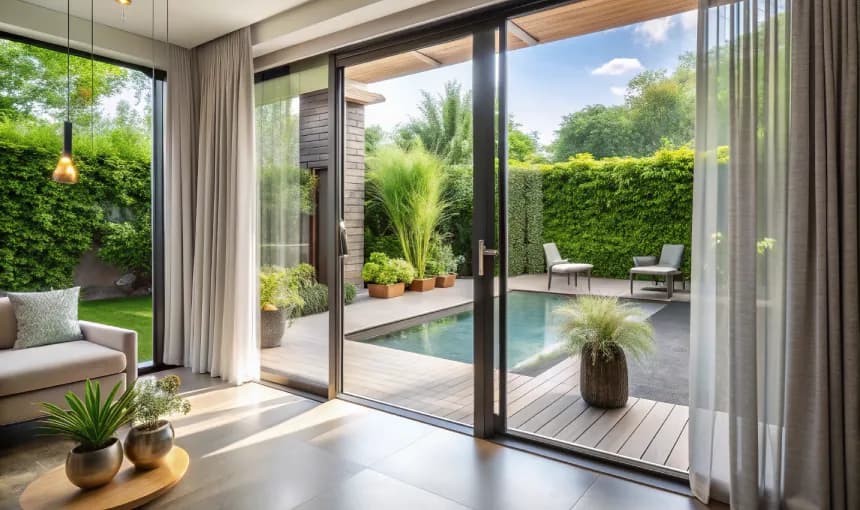 Bedroom with uPVC sliding doors opening to a sea view terrace