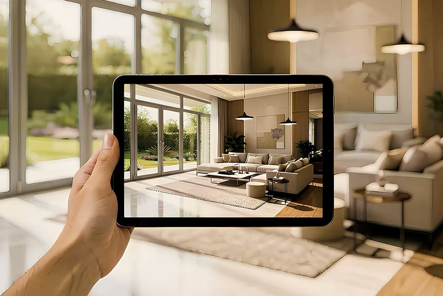 Tablet showing a visualized living room design against the real room in the background