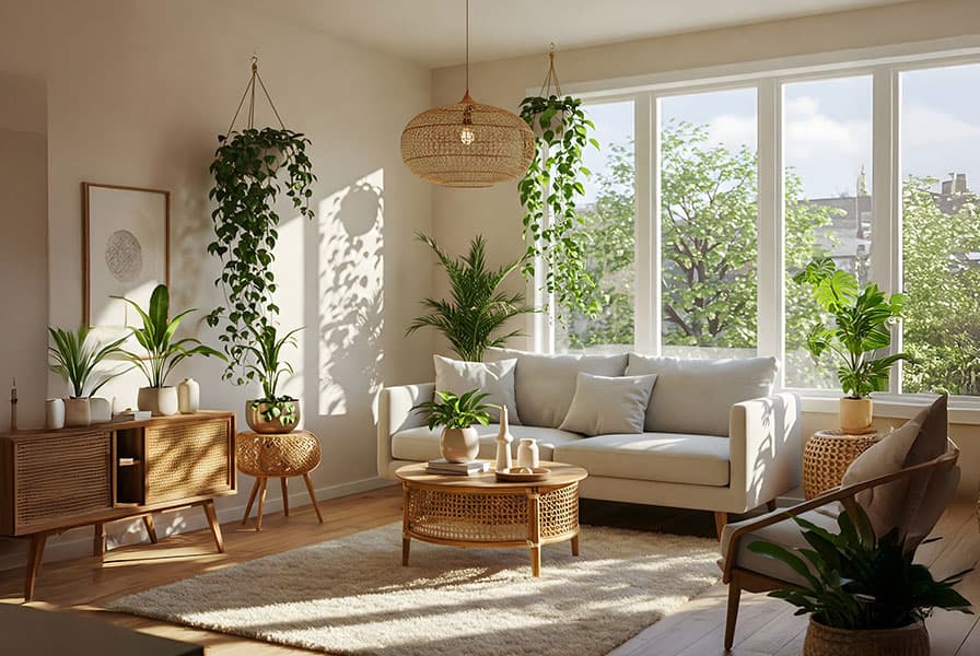 Sunlit living room framed by uPVC windows and greenery